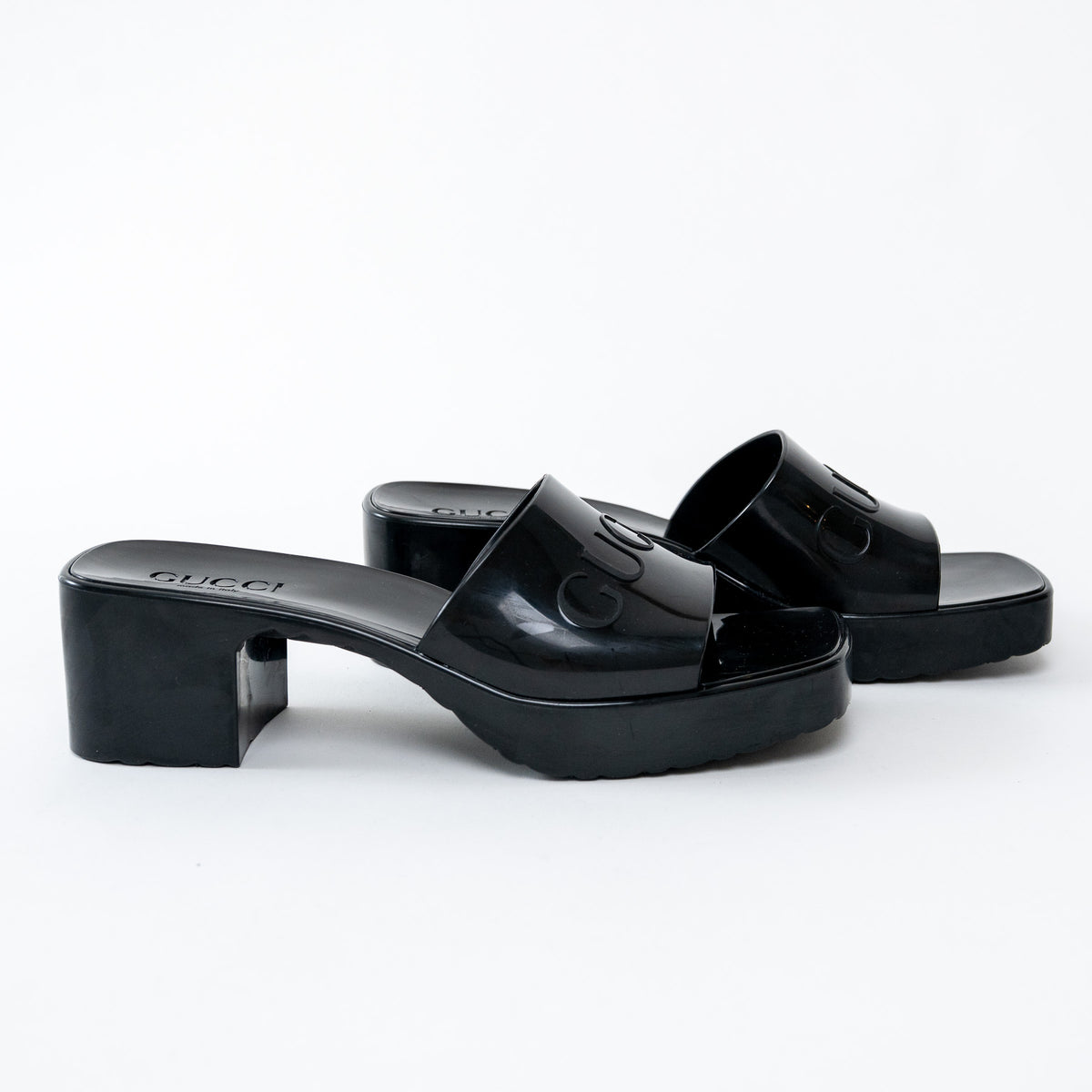 Gucci Black Embossed Block Heel Sandals Size 39