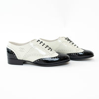 Pre-Loved Chanel™ White and Black Patent Leather Loafers Size 38.5