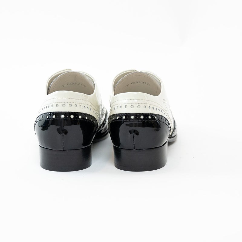 Pre-Loved Chanel™ White and Black Patent Leather Loafers Size 38.5
