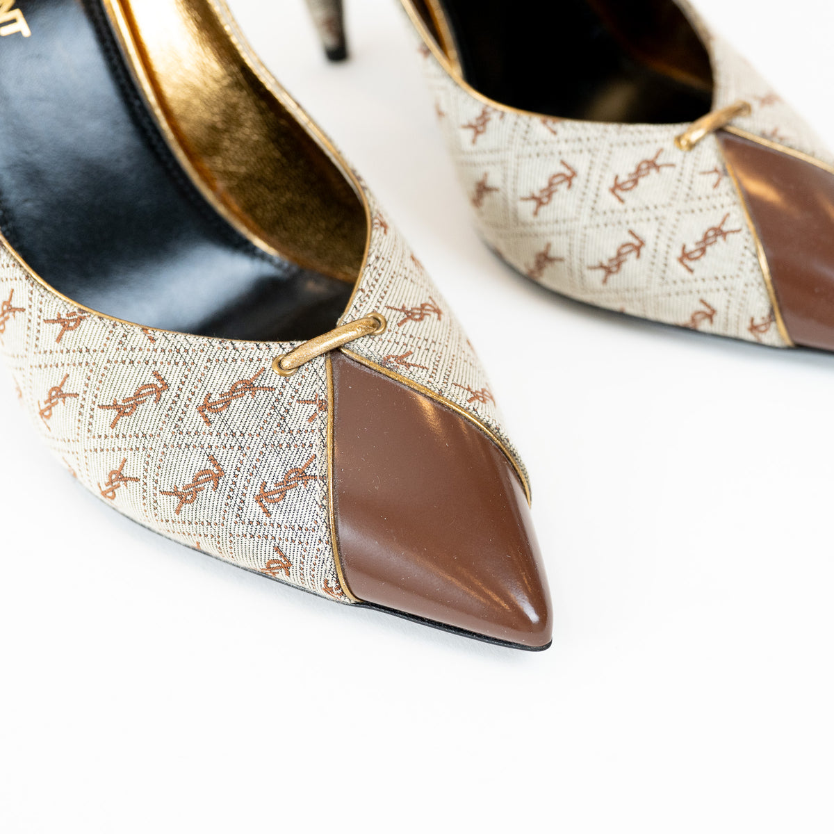 Saint Laurent Monogram Canvas Lola Pumps with Gold Accents Size 38