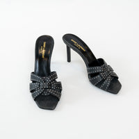 Saint Laurent Black Cracked Leather Studded Sandals Size 38.5