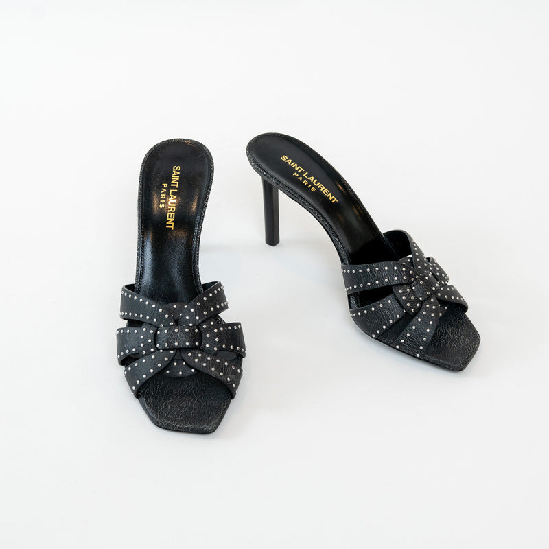 Saint Laurent Black Cracked Leather Studded Sandals Size 38.5