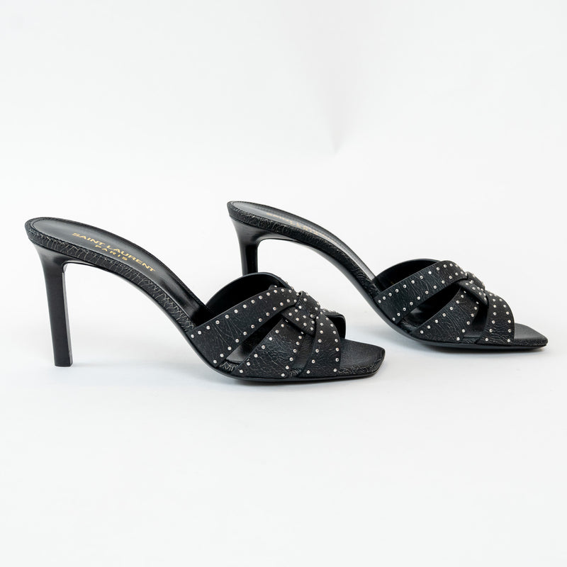 Saint Laurent Black Cracked Leather Studded Sandals Size 38.5