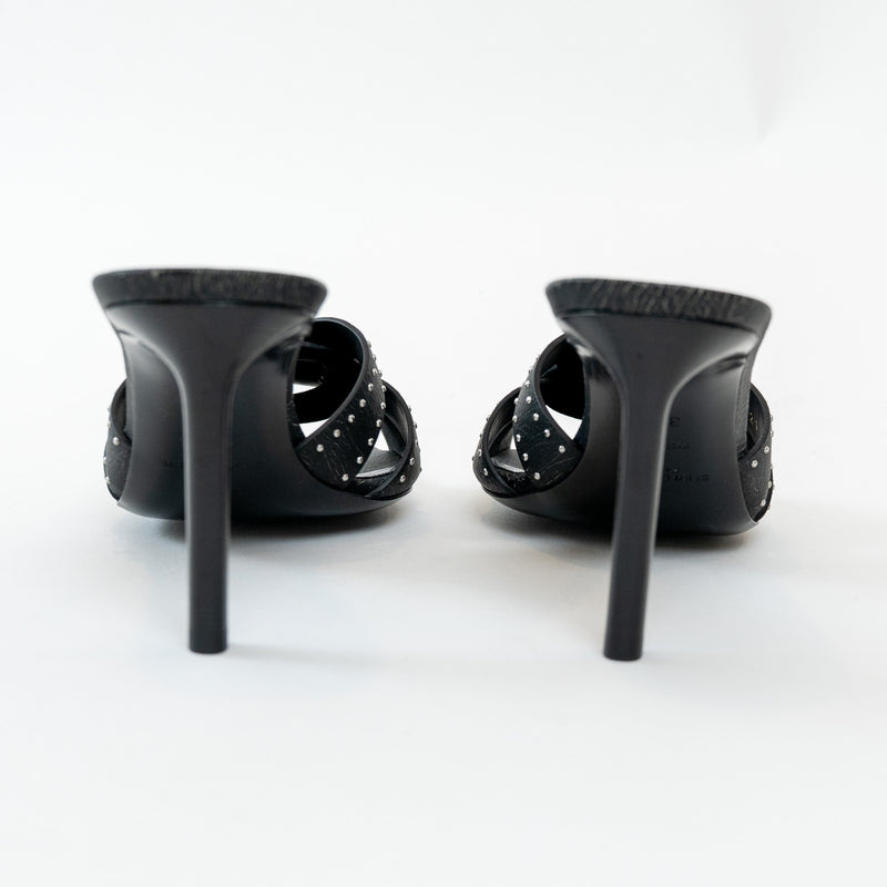 Saint Laurent Black Cracked Leather Studded Sandals Size 38.5