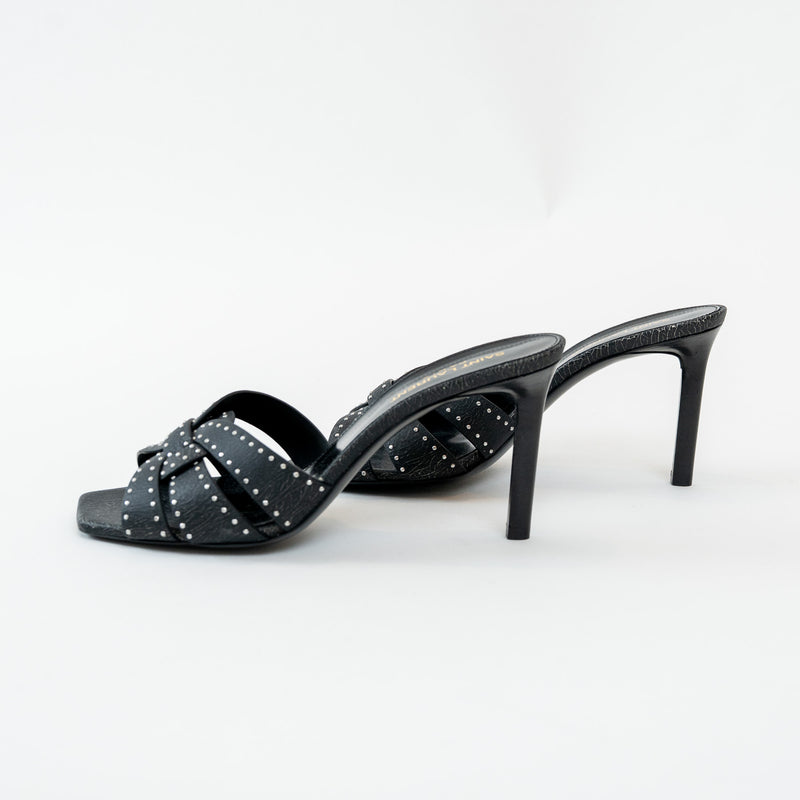 Saint Laurent Black Cracked Leather Studded Sandals Size 38.5
