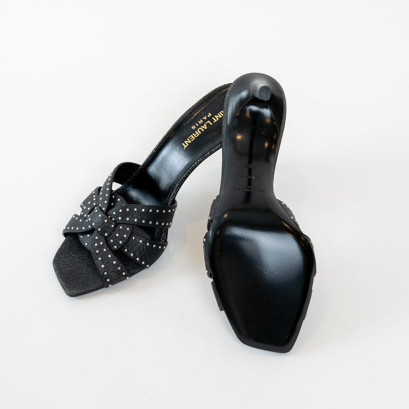 Saint Laurent Black Cracked Leather Studded Sandals Size 38.5