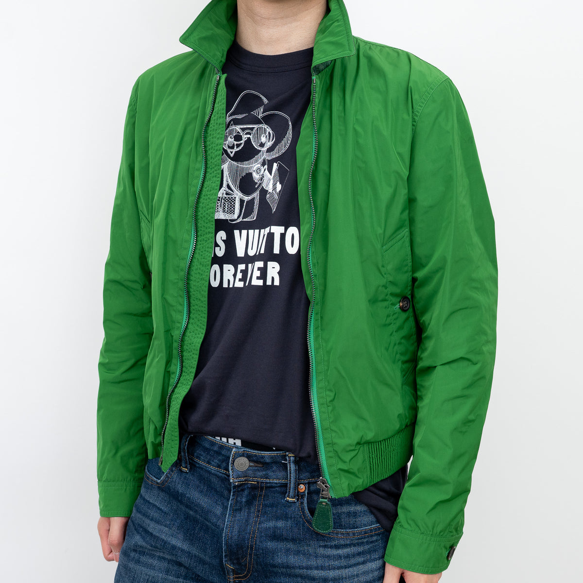 Burberry Green Nylon Bomber Jacket with Ribbed Details Size M