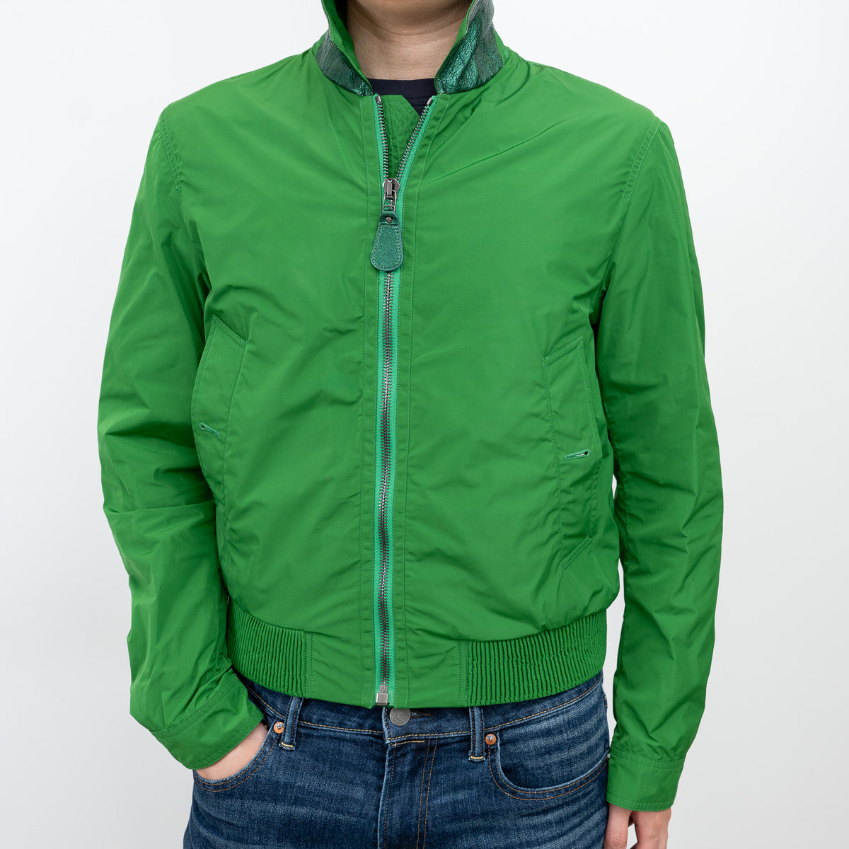 Burberry Green Nylon Bomber Jacket with Ribbed Details Size M
