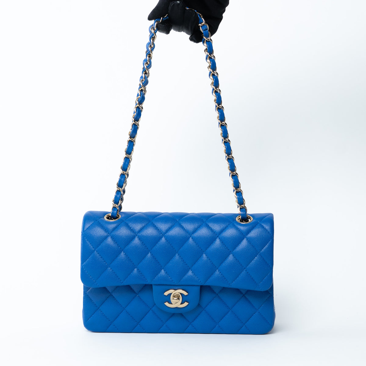 Pre-Loved Chanel™ Blue Pebbled Leather Small Classic Double Flap Bag