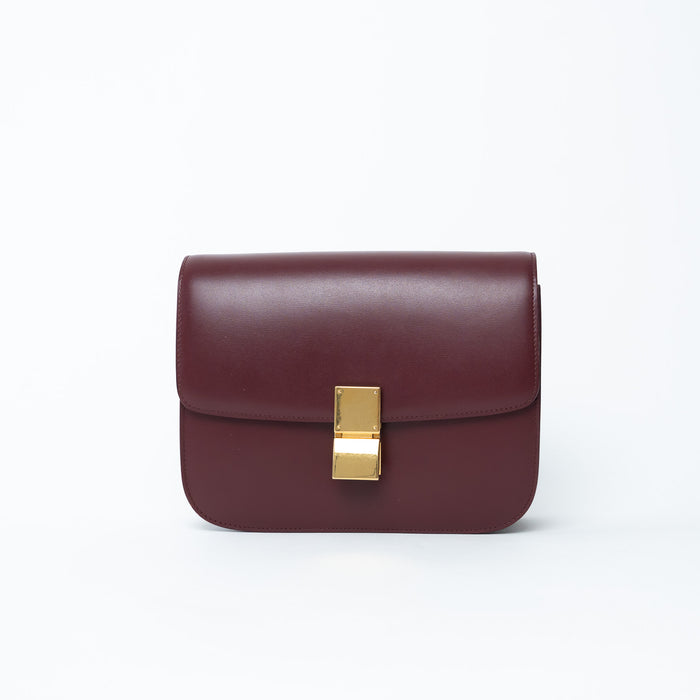 Celine Burgundy Calfskin Leather Medium Box Bag