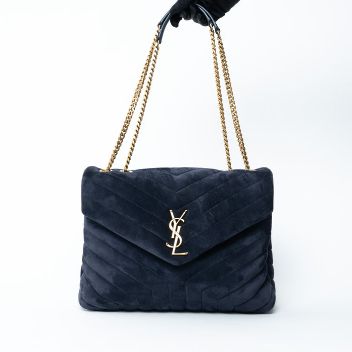 Saint Laurent Navy Velvet Medium LouLou Shoulder Bag