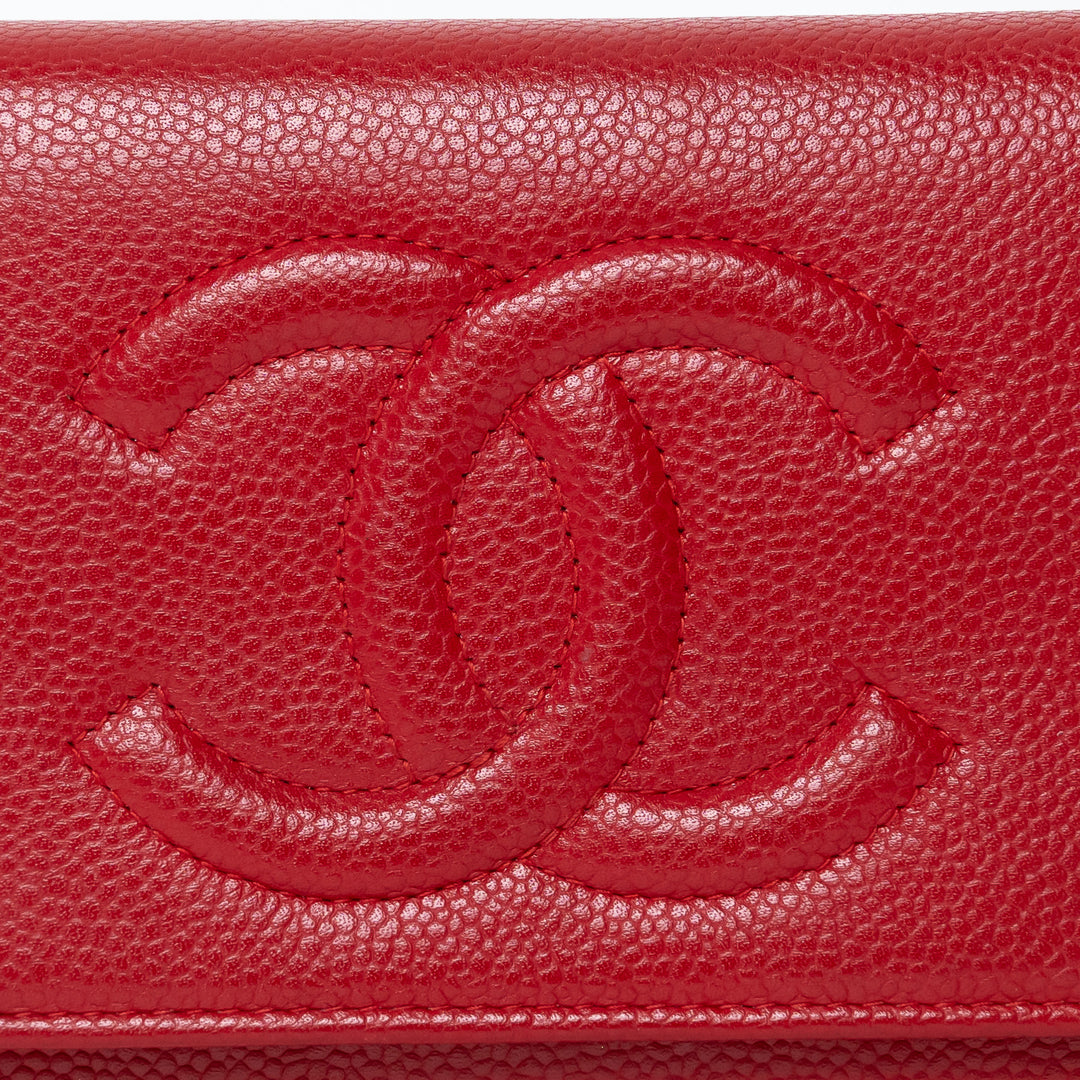 Pre-Loved Chanel ™ Red Pebbled Leather CC Timeless Wallet on Chain