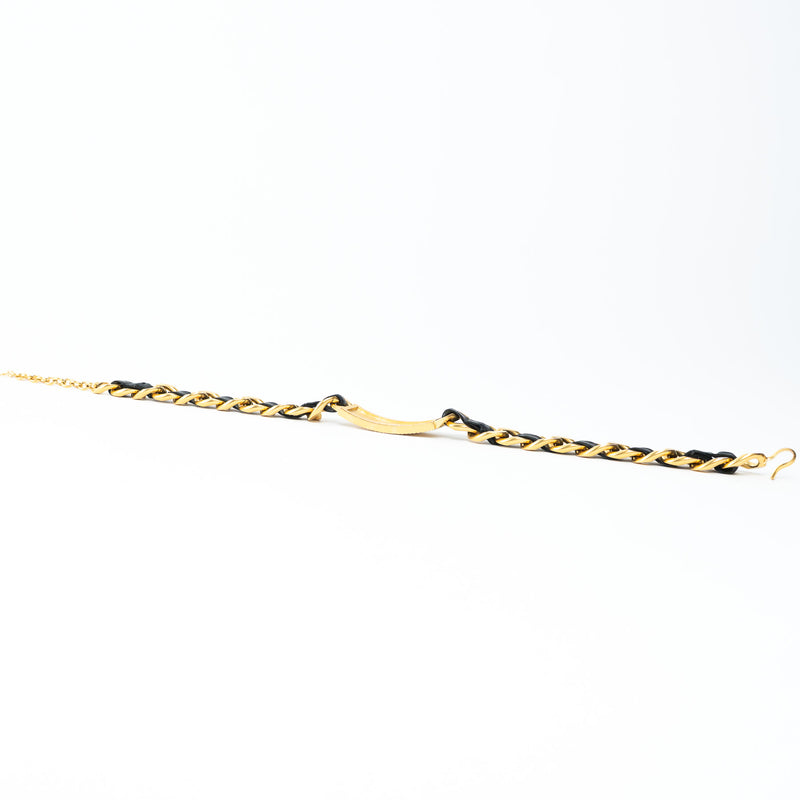 Pre-Loved Chanel™ Gold Tone Interlaced Leather and Chain Crystal Embellished Logo Choker