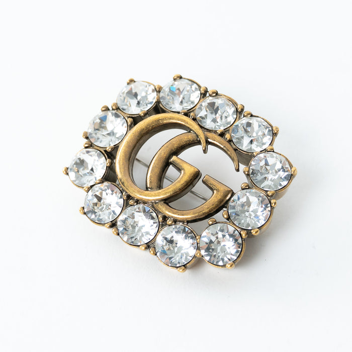 Gucci GG Logo Crystal Embellished Brooch