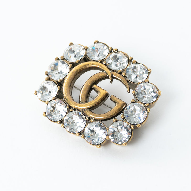 Gucci GG Logo Crystal Embellished Brooch