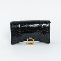 Balenciaga Black Embossed Croc Calfskin Leather Hourglass Wallet on Chain