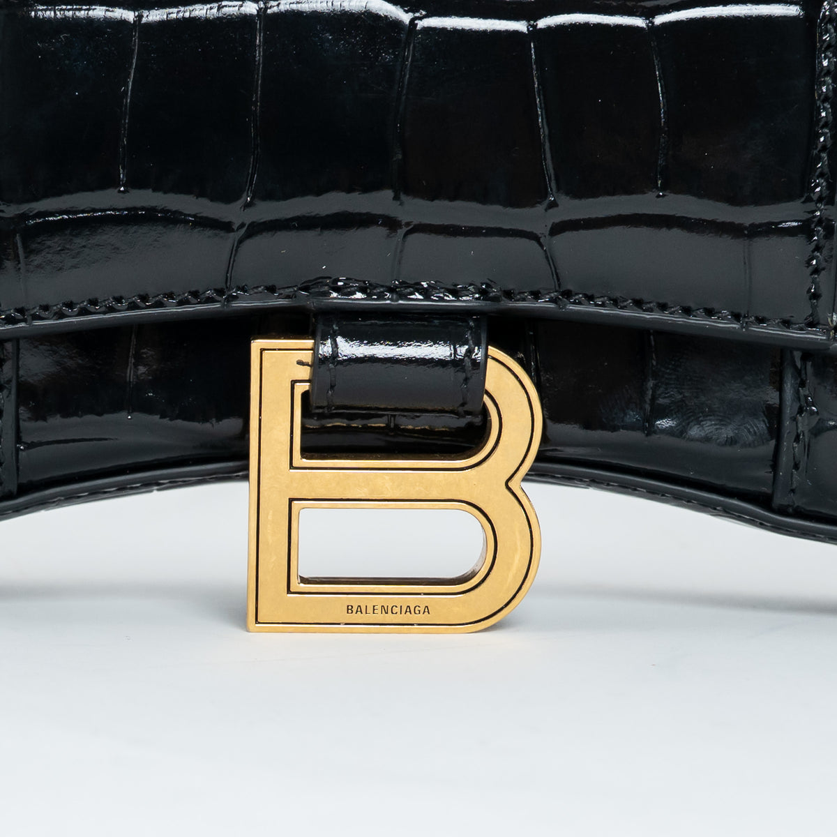 Balenciaga Black Embossed Croc Calfskin Leather Hourglass Wallet on Chain