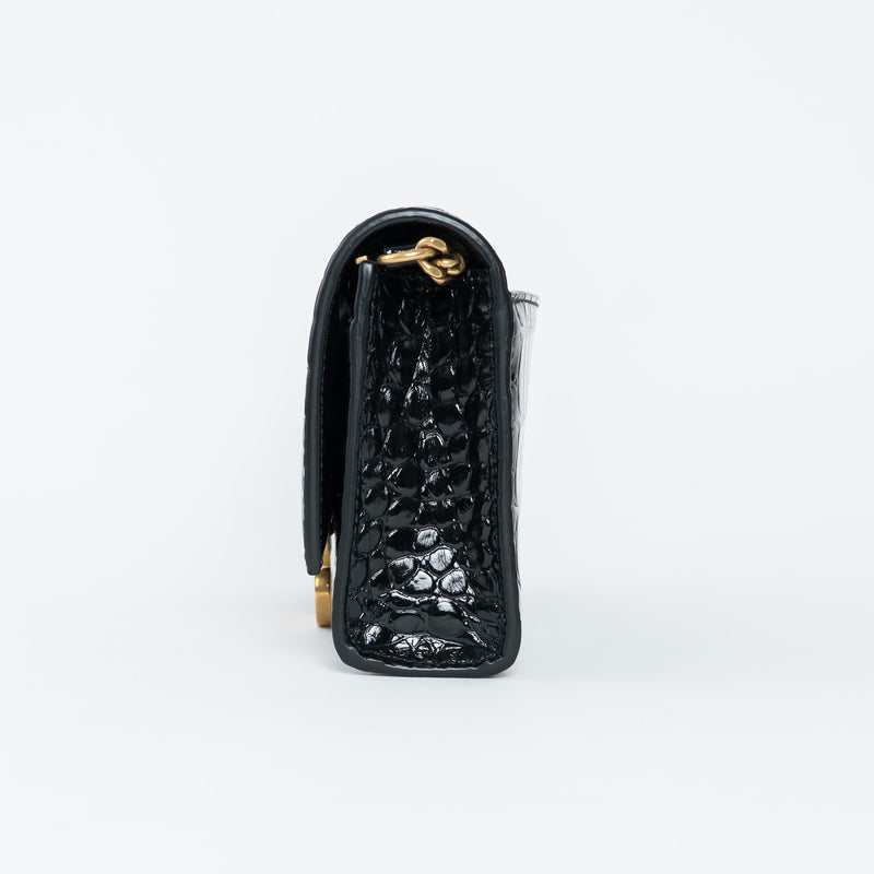 Balenciaga Black Embossed Croc Calfskin Leather Hourglass Wallet on Chain