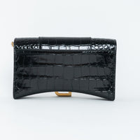 Balenciaga Black Embossed Croc Calfskin Leather Hourglass Wallet on Chain