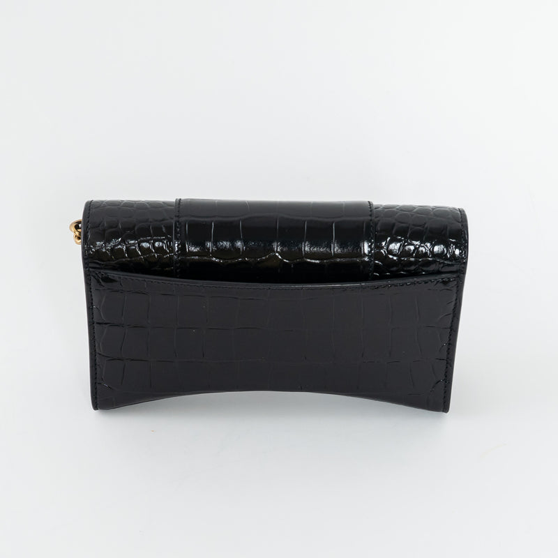 Balenciaga Black Embossed Croc Calfskin Leather Hourglass Wallet on Chain