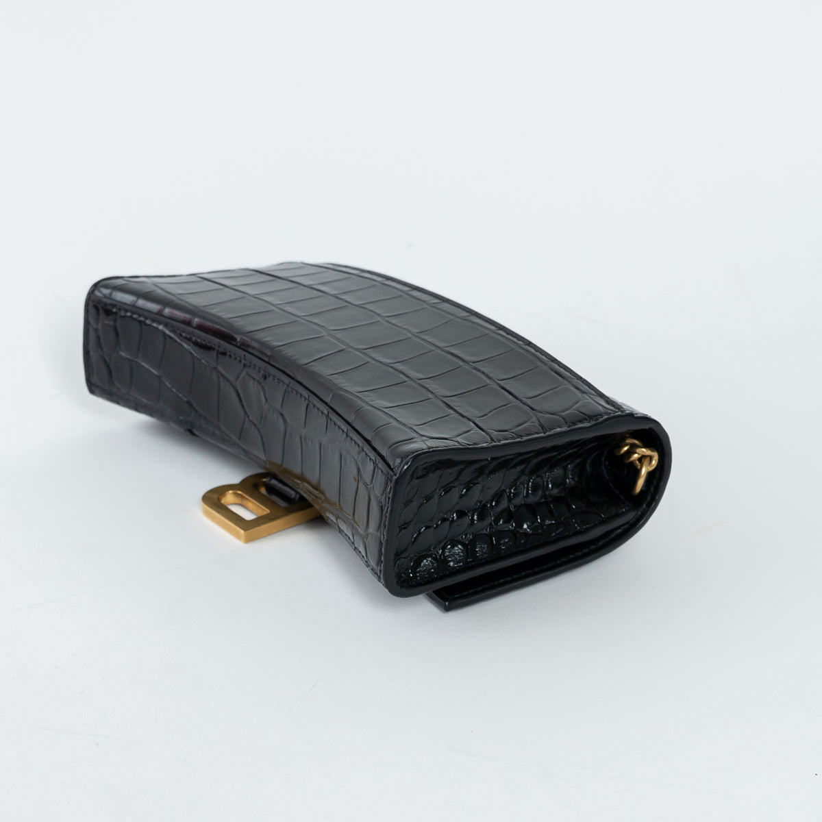Balenciaga Black Embossed Croc Calfskin Leather Hourglass Wallet on Chain
