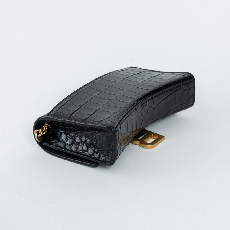 Balenciaga Black Embossed Croc Calfskin Leather Hourglass Wallet on Chain