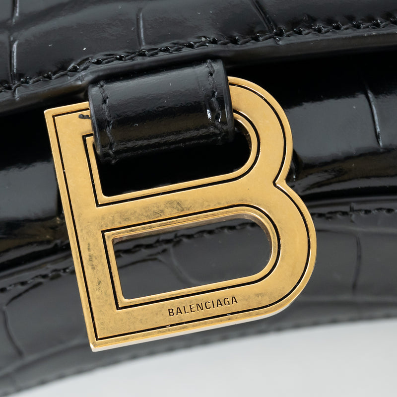 Balenciaga Black Embossed Croc Calfskin Leather Hourglass Wallet on Chain