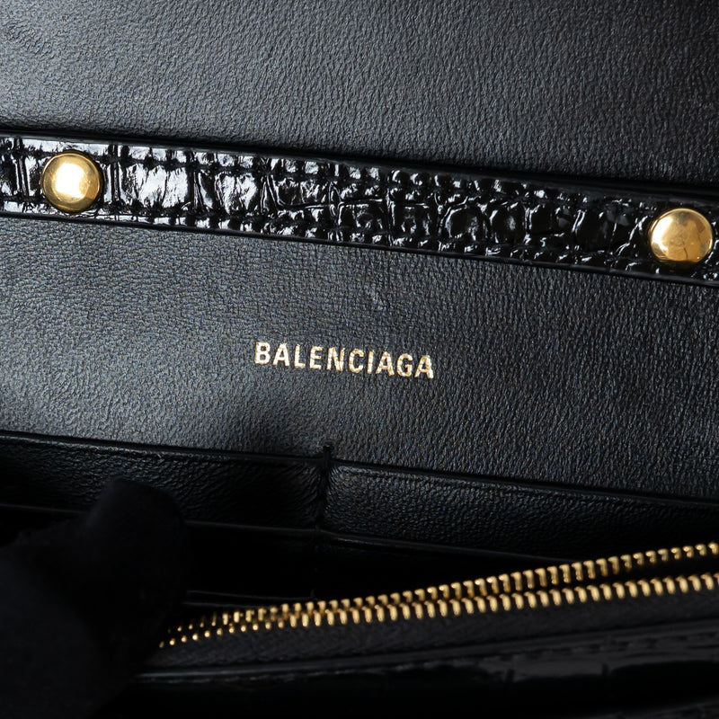 Balenciaga Black Embossed Croc Calfskin Leather Hourglass Wallet on Chain