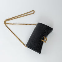 Balenciaga Black Embossed Croc Calfskin Leather Hourglass Wallet on Chain