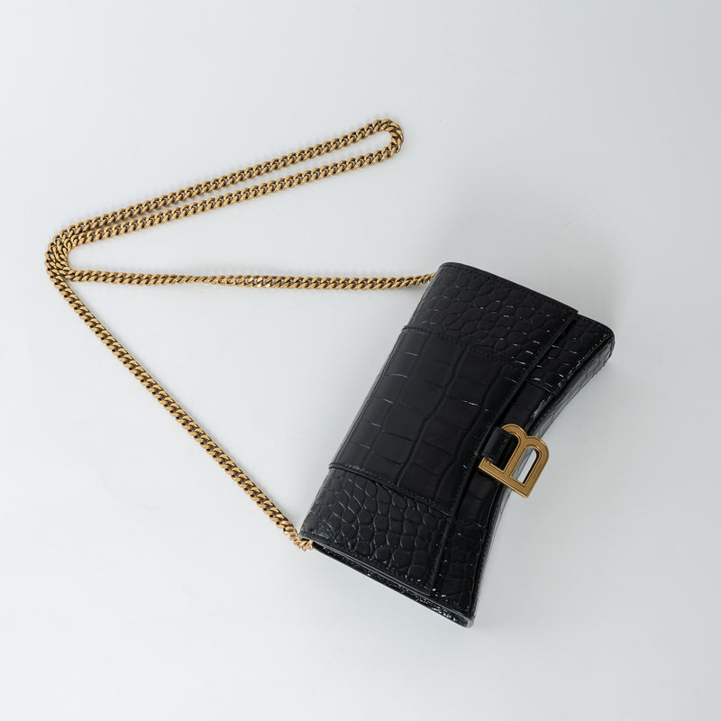 Balenciaga Black Embossed Croc Calfskin Leather Hourglass Wallet on Chain
