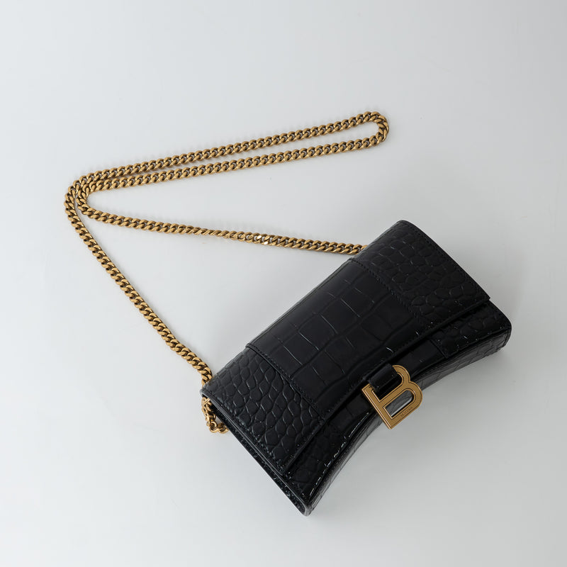 Balenciaga Black Embossed Croc Calfskin Leather Hourglass Wallet on Chain