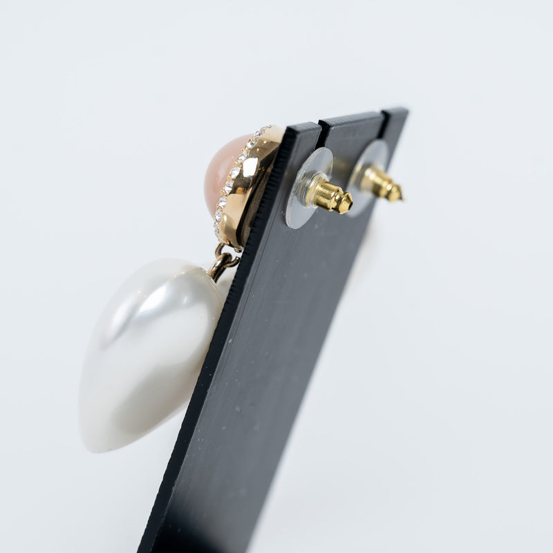 Pre-Loved Chanel™ Gold Tone Pearl White & Pink Crystal Resin Heart Drop Earrings