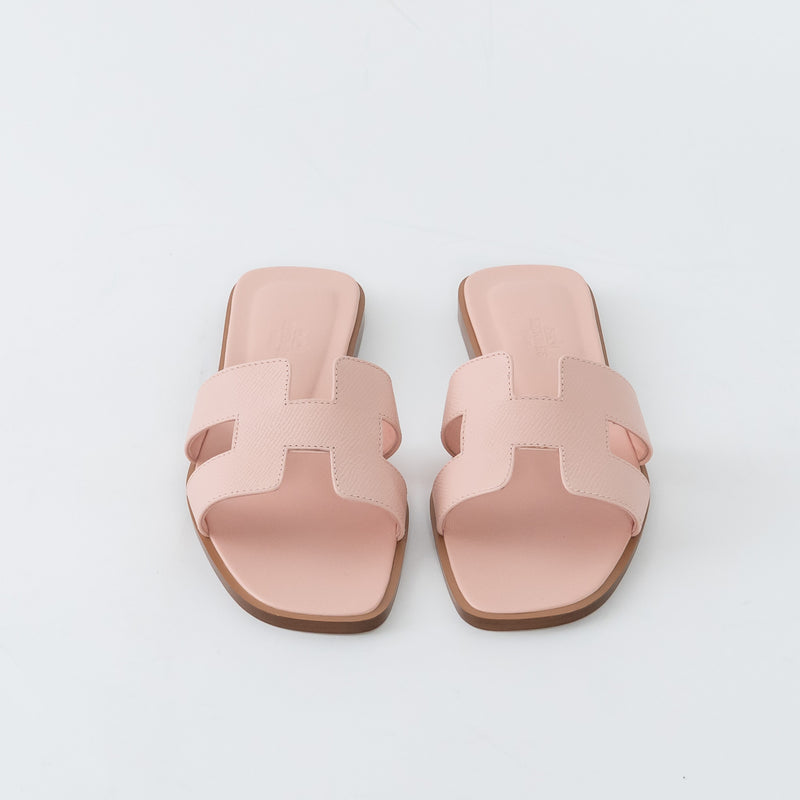 Hermes Rose Porcelaine Epsom Calfskin Leather Oran Sandals Size 37.5