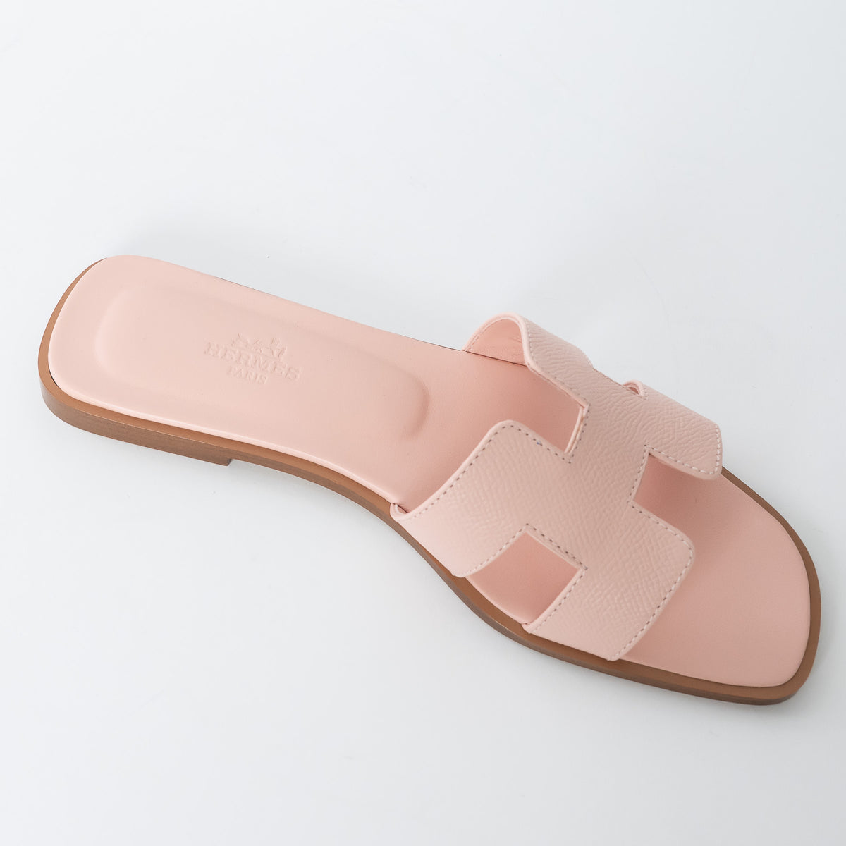 Hermes Rose Porcelaine Epsom Calfskin Leather Oran Sandals Size 37.5