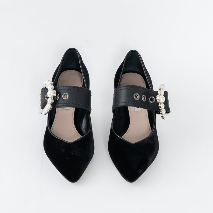 Miu Miu Black Velvet Faux Pearl Pumps Size 37