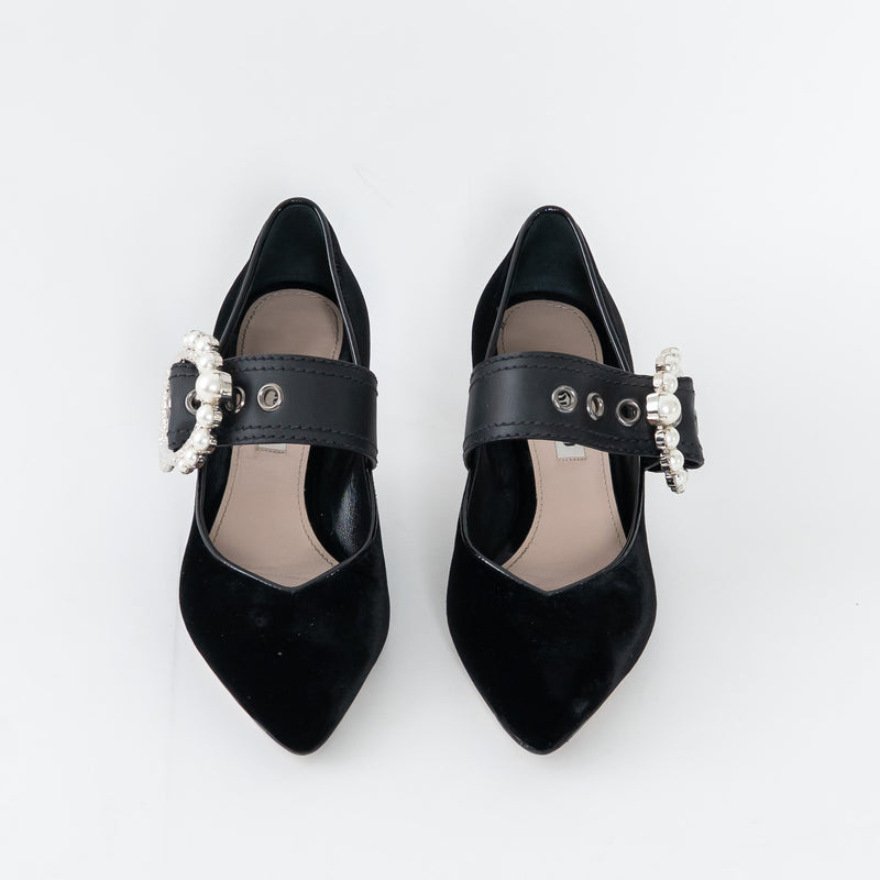 Miu Miu Black Velvet Faux Pearl Pumps Size 37