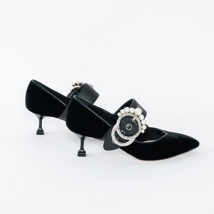 Miu Miu Black Velvet Faux Pearl Pumps Size 37