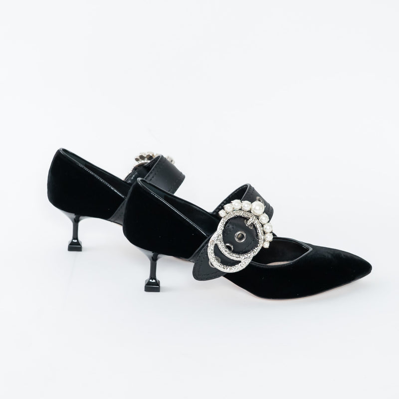 Miu Miu Black Velvet Faux Pearl Pumps Size 37