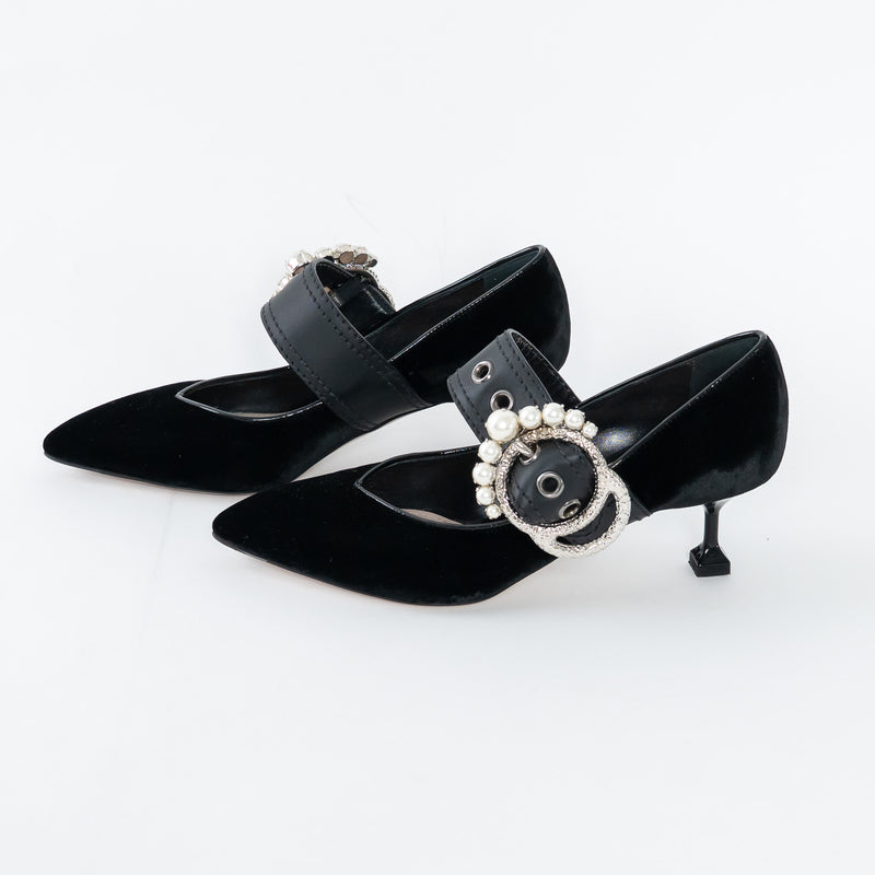Miu Miu Black Velvet Faux Pearl Pumps Size 37