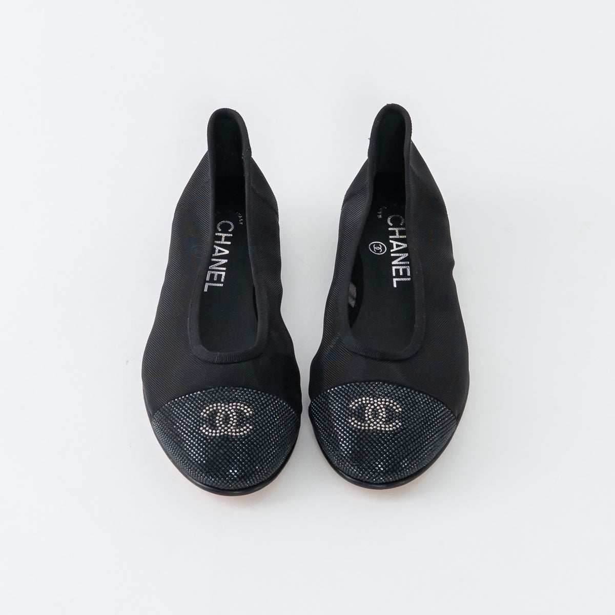 Pre-Loved Chanel™ Black Mesh Crystal Embellished Ballet Flats Size 36.5C
