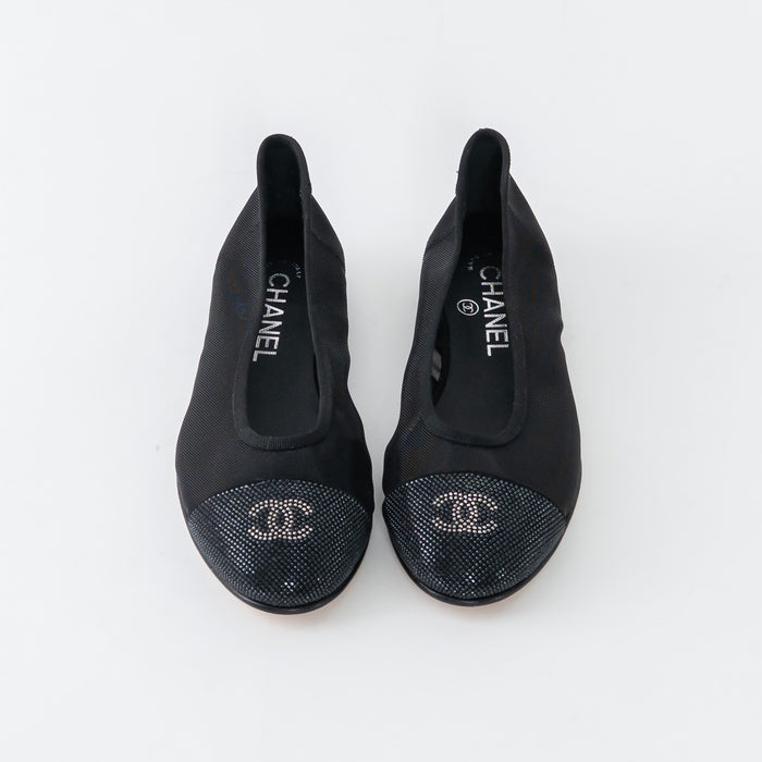 Pre-Loved Chanel™ Black Mesh Crystal Embellished Ballet Flats Size 36.5C