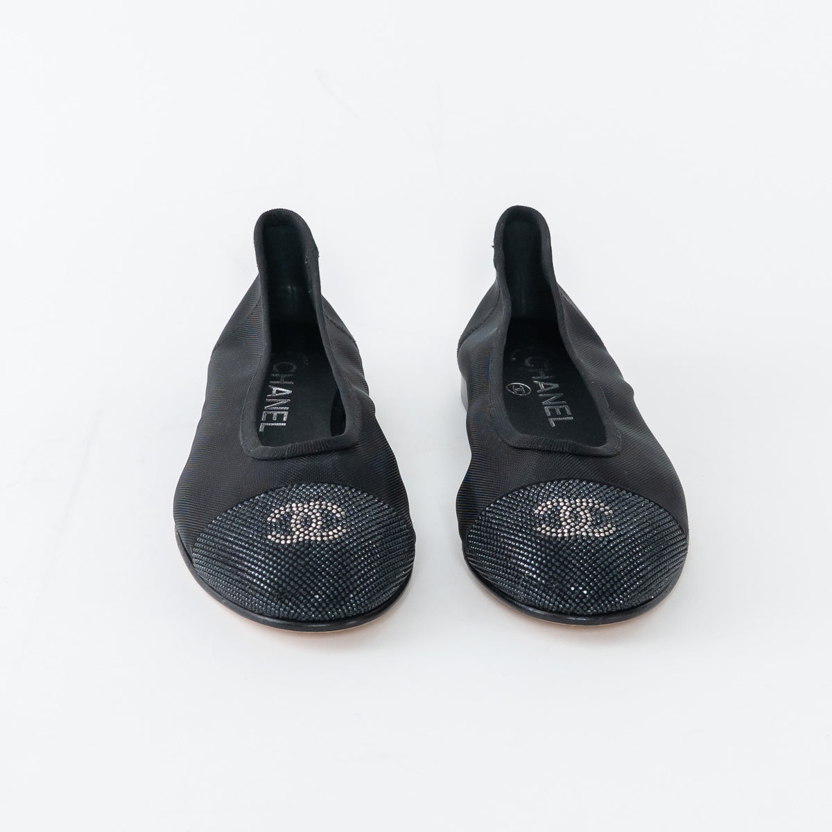 Pre-Loved Chanel™ Black Mesh Crystal Embellished Ballet Flats Size 36.5C