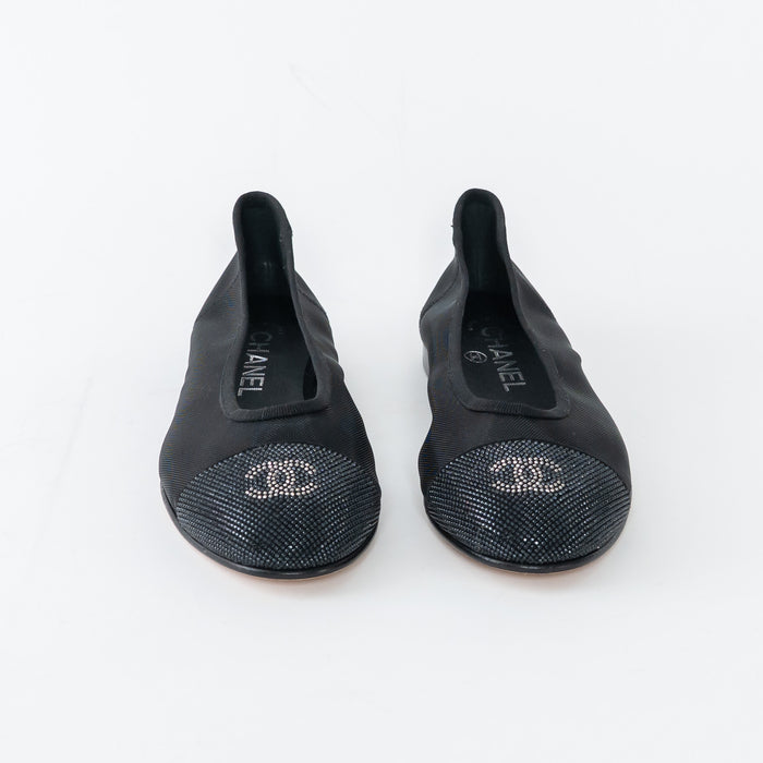 Pre-Loved Chanel™ Black Mesh Crystal Embellished Ballet Flats Size 36.5C
