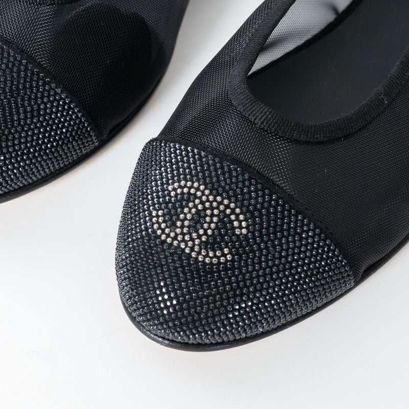Pre-Loved Chanel™ Black Mesh Crystal Embellished Ballet Flats Size 36.5C