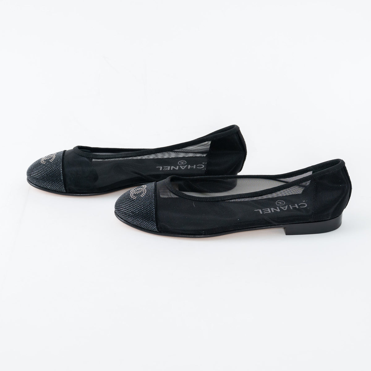 Pre-Loved Chanel™ Black Mesh Crystal Embellished Ballet Flats Size 36.5C