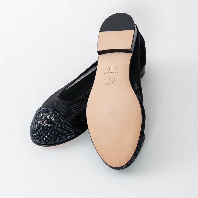 Pre-Loved Chanel™ Black Mesh Crystal Embellished Ballet Flats Size 36.5C