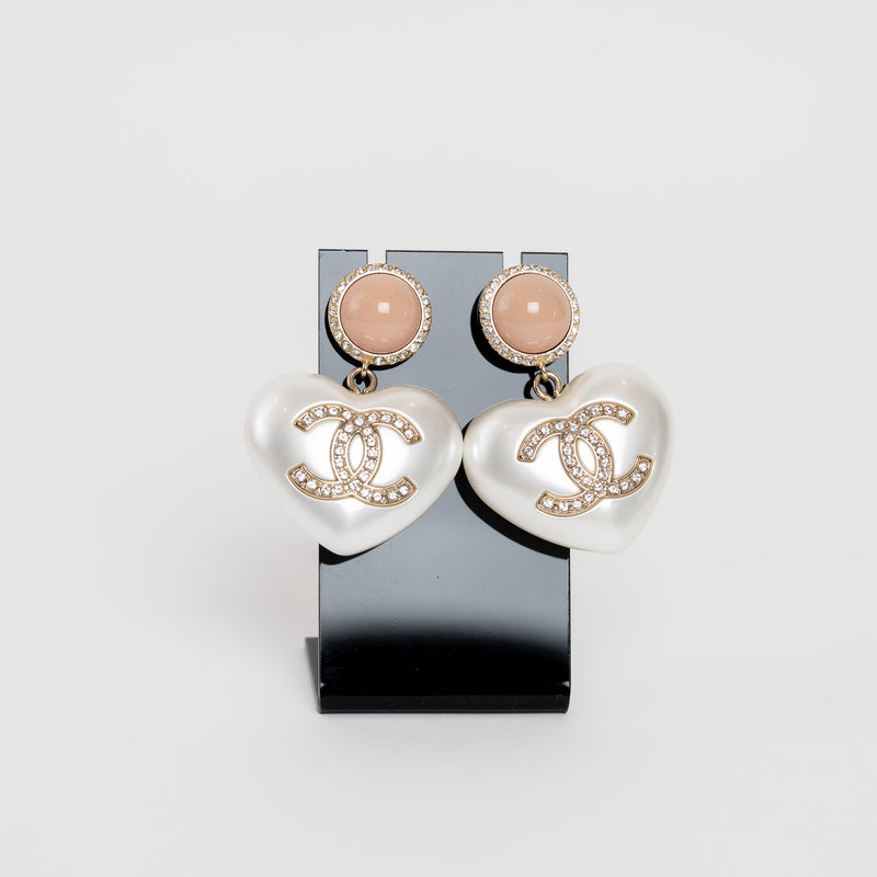 Pre-Loved Chanel™ Gold Tone Pearl White & Pink Crystal Resin Heart Drop Earrings