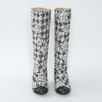 Pre-Loved Chanel™ White and Black Tweed Floral Boots Size 39