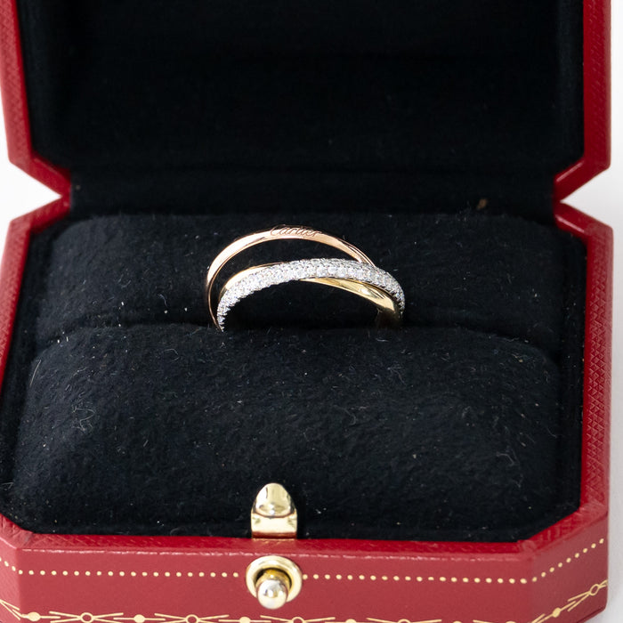 Cartier 18k Tri-Gold Paved Trinity Ring with Diamonds Size 57