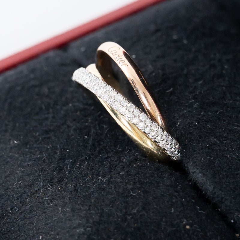 Cartier 18k Tri-Gold Paved Trinity Ring with Diamonds Size 57